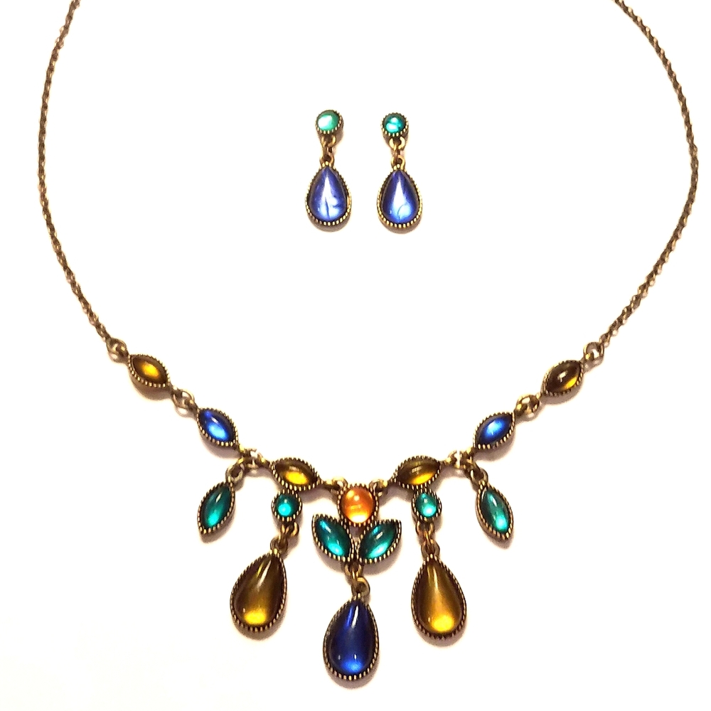 Blue, gold, & turquois necklace/earrings